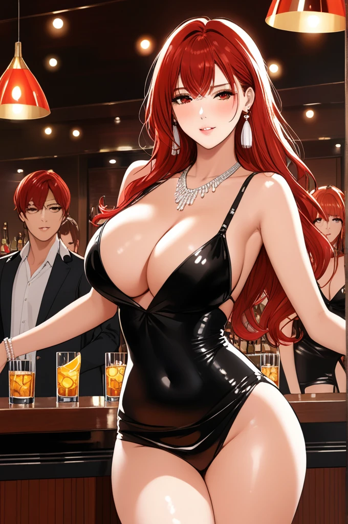 Red hair,red eyes,masterpiece, best quality, high quality, highres, indoors,club, looking at viewer, Jenny, tall female,big breasts, tassel earrings,wavy hair,public hair ,bar dancer , dancing, twerking 
