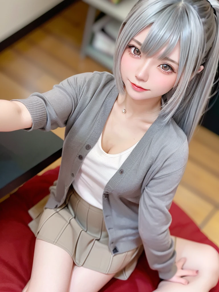 8K, RAW Photos, Fujifilm, Beautiful 20 year old woman style photo, (((Gray Hair:1.3,美しいGray Hairのストレートヘアー、シルキーなGray Hair)))、(((Anime Cosplay:1.5、sexyな服))) Gold earrings, (Highly detailed skin: 1.2), Light medium brown hair, Film Grain, 35mm, Cute Style、(((Sitting 1.5)))、Selfie、Spread your legs、sexy、erotic、Upward glance、Top View、skirt