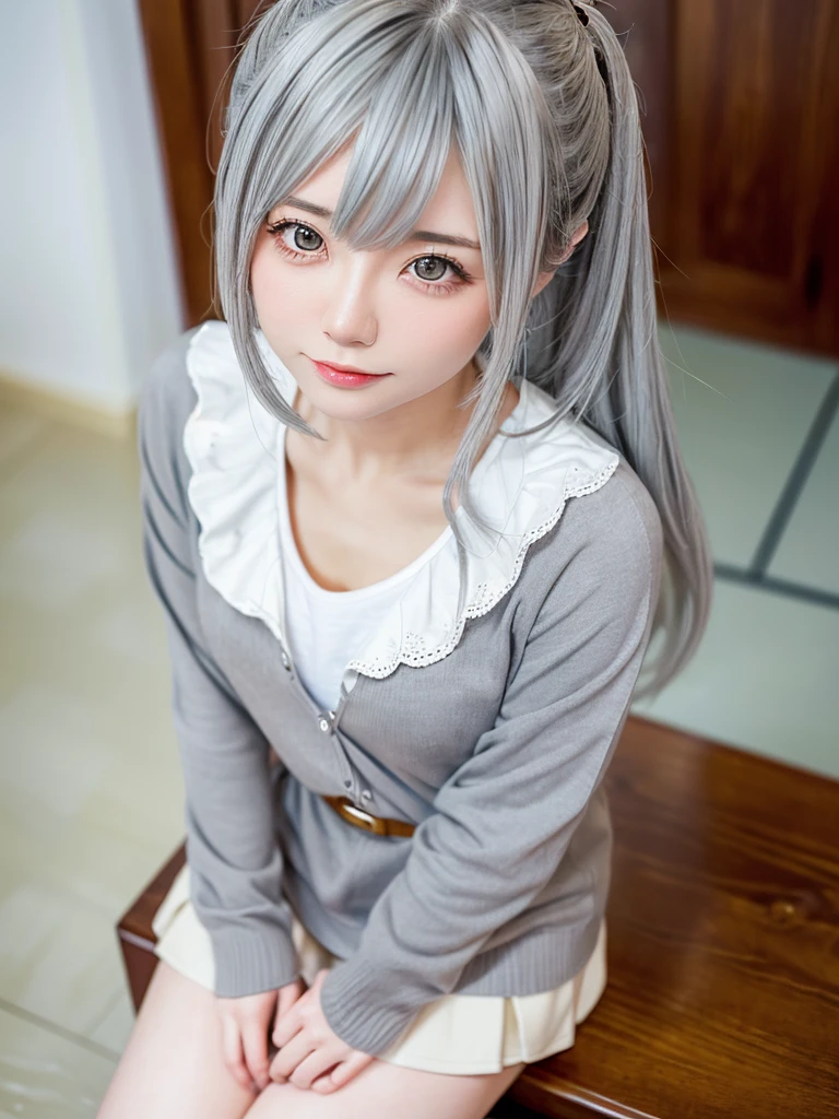 8K, RAW Photos, Fujifilm, Beautiful 20 year old woman style photo, (((Gray Hair:1.3,美しいGray Hairのストレートヘアー、シルキーなGray Hair)))、(((Anime Cosplay:1.5、sexyな服))) Gold earrings, (Highly detailed skin: 1.2), Light medium brown hair, Film Grain, 35mm, Cute Style、(((Sitting 1.5)))、Selfie、Spread your legs、sexy、erotic、Upward glance、Top View、skirt