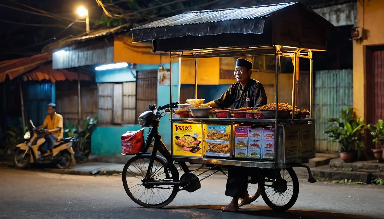 A 40 year old Indonesian man, he is a satay maker, wearing traditional clothes and a black headband, he carries his cart using a motorbike at night, the atmosphere is dim, with little light from the lights of people's houses. (the cart is a glass box, the satay is in the box). (Masterpiece, ultra details, ultra high quality, extra focus, 8K)