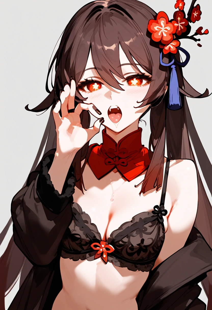 anime artwork, score_9, score_8_up, score_7_up, score_6_up, score_5_up, score_4_up, hu tao, she is 24 years old, style_3, gray background, , , , , _, , solo, bridal lingerie, , fellatio gesture