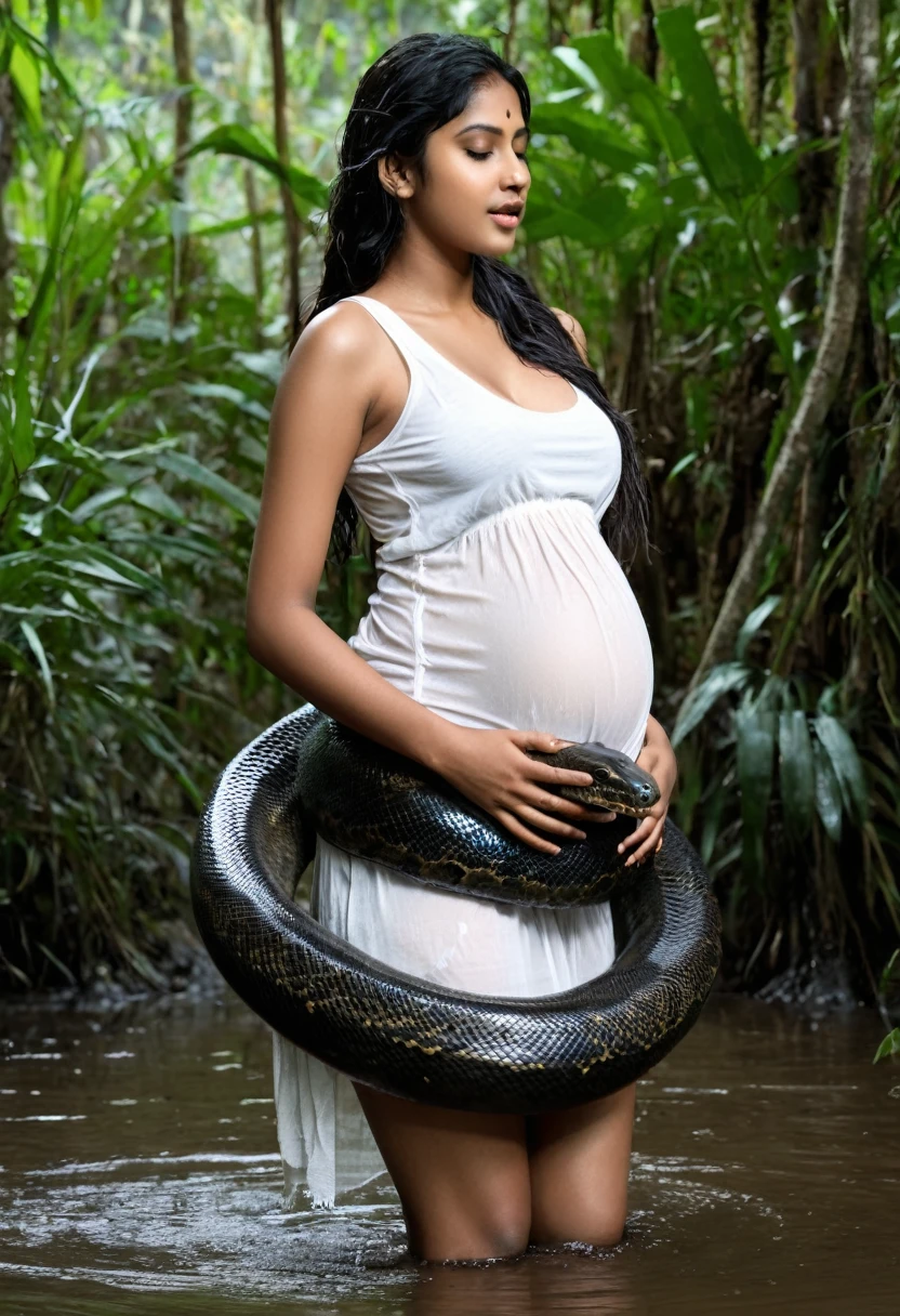 Pregnant Top quality, masterpiece, super high resolution, real photo, raw photo, cute, beautiful indian young girl, happy expression, joy, glossy skin, dramatic lighting, full body, full body wet, dirty white tank top, sheer with thin fabric, white shirt dirty with mud, beautiful breasts, beautiful ass, butt sticking out, creepy, in the dark jungle, waterside, black large titanboa , slim, long limbs, slimy, slim Sleeping on large titanboa a large giant black titanboa wrapped around her neck, a large titanboa wrapped around her body, a titanboa’s head from between her crotches, a titanboa and a titan’s intertwining their tongues and kissing, a girl hugging giant titanbo a girl and a large titanboa staring at each other Many large anacondas horny aroused tentacle sex large object penetration nsfw snake tongue kissing blowjob bestiality