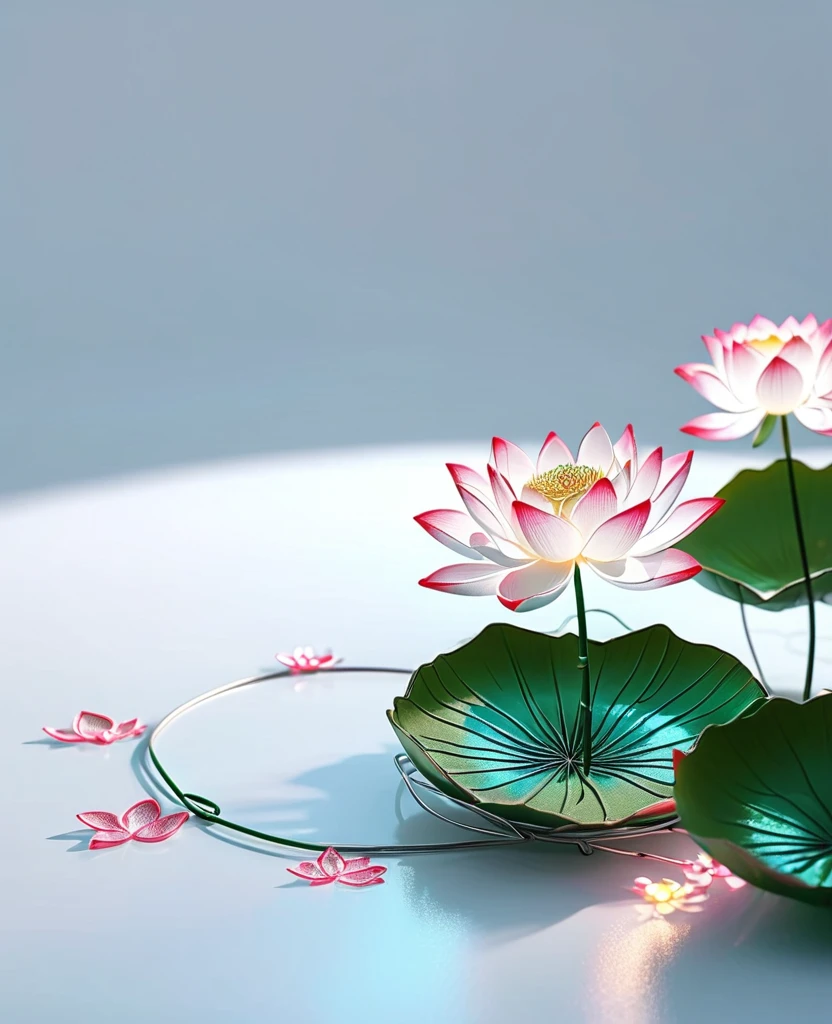 Suzhou embroidery,metal wire,Sparkling Lotus,Overlooking,Neon,Smooth and delicate,High Detail,Minimalist white space,Chen Jialing,8K