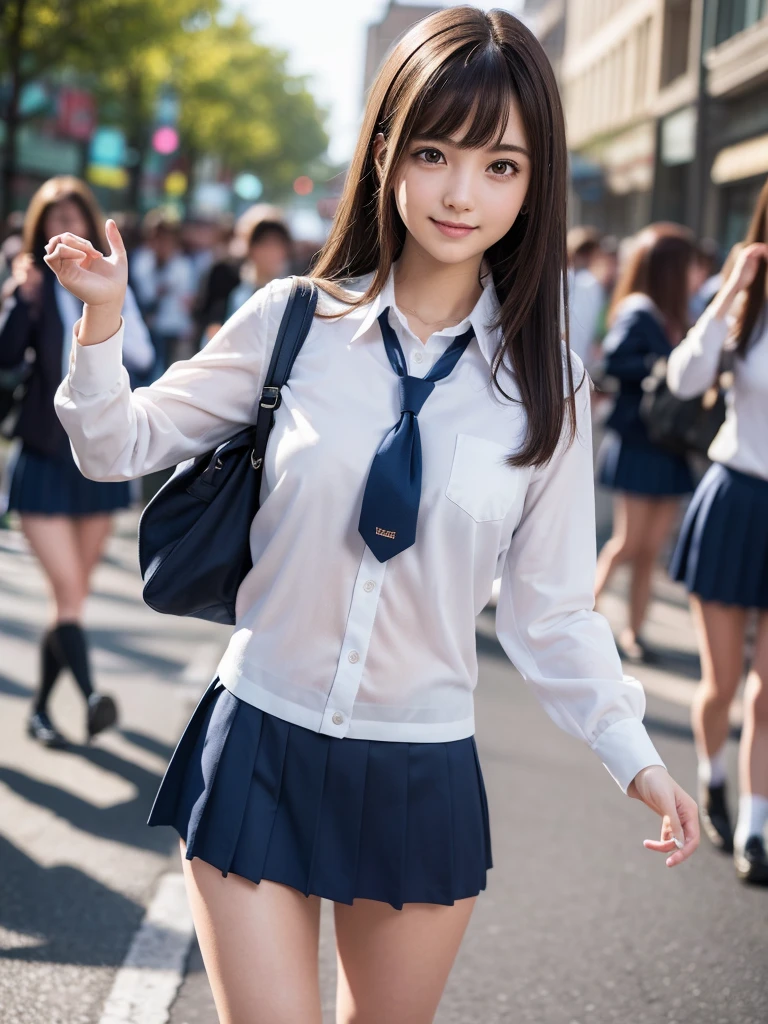 (8K, RAW Photos, Highest quality, masterpiece:1.2), (Realistic, photo-Realistic:1.4), (extremely detailed 8K wallpaper), ((Full Body Shot)), (((1 girl))), Sharp focus, Depth of written boundary, Cinematic lighting, Soft Light, (緻密な美しさのeye, eye_Chan, Very beautiful 17 year old girl, innocent big eyes, Realistic, photo Realistic, Highly detailed cute girl, (Thin thighs), (Model Body Type), (Brown Hair), (Long Bob Hair), (Asymmetrical bangs), ((A happy smile)), Glowing Skin, Ultra-dense skin ,High resolution, High Detail, Detailed hairstyle, Detailed facial beauty, hyper Realistic, Perfect limbs, Perfect Anatomy, Perfect female body, (school uniform:1.3),(Miniskirt Navy Miniskirt), Watching the audience, (Crowded city street:1.3)