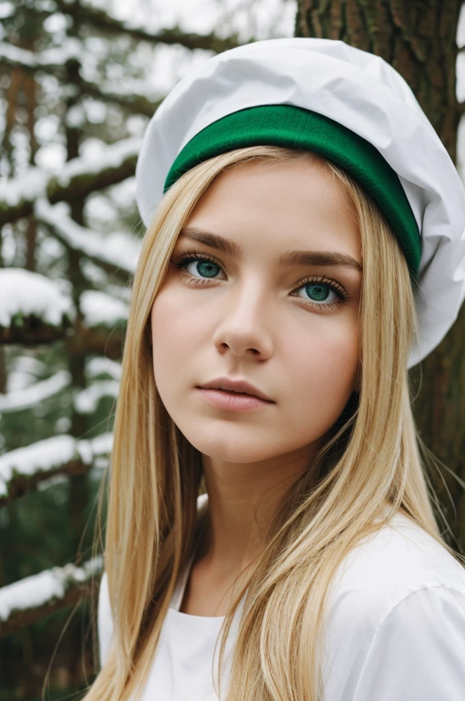bianca, a 17 year old girl with delicate features. She has blonde hair and green eyes. Their skin is white as snow, and she exudes an air of grace and mystery. angry expression, wears green clothes with a red hat, she's a magician