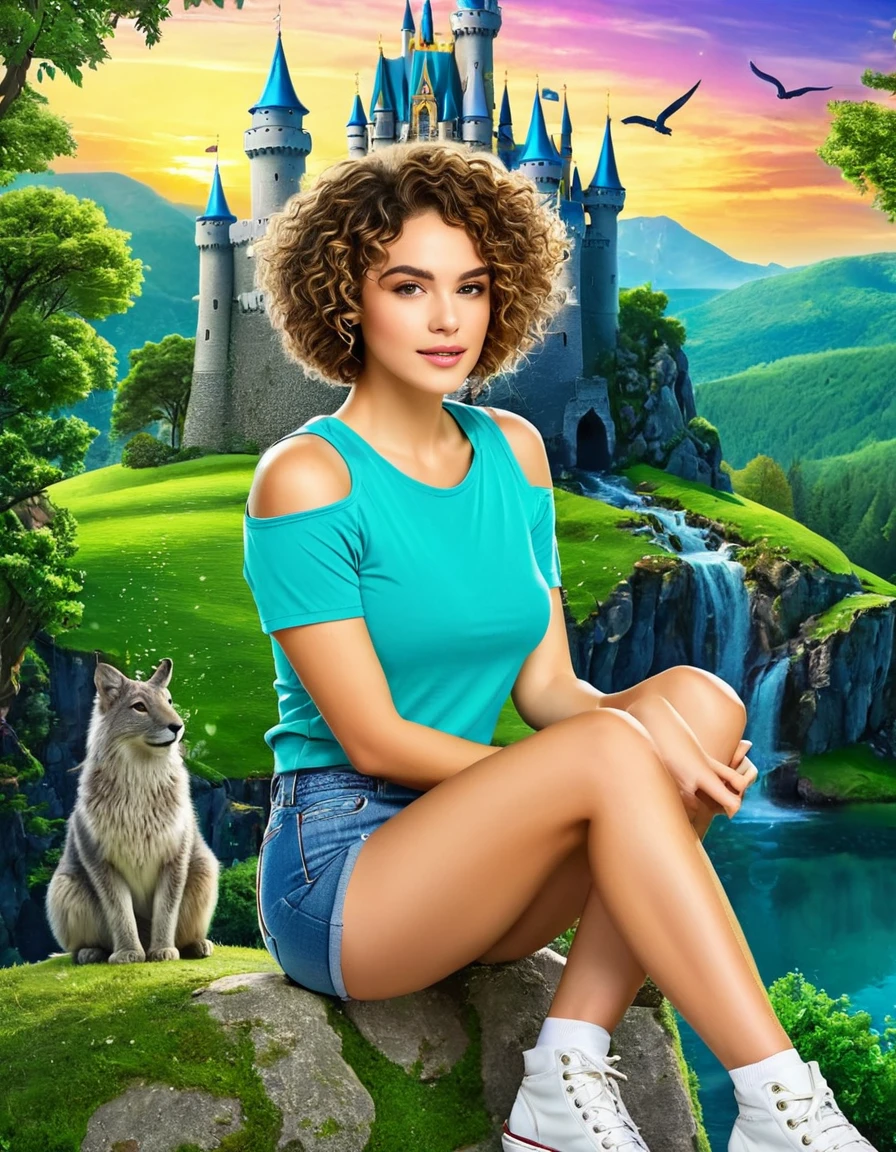 A woman with short curly hair, wearing a teal top and denim shorts, sitting in a colorful fantasy world with mythical creatures and enchanted castles.