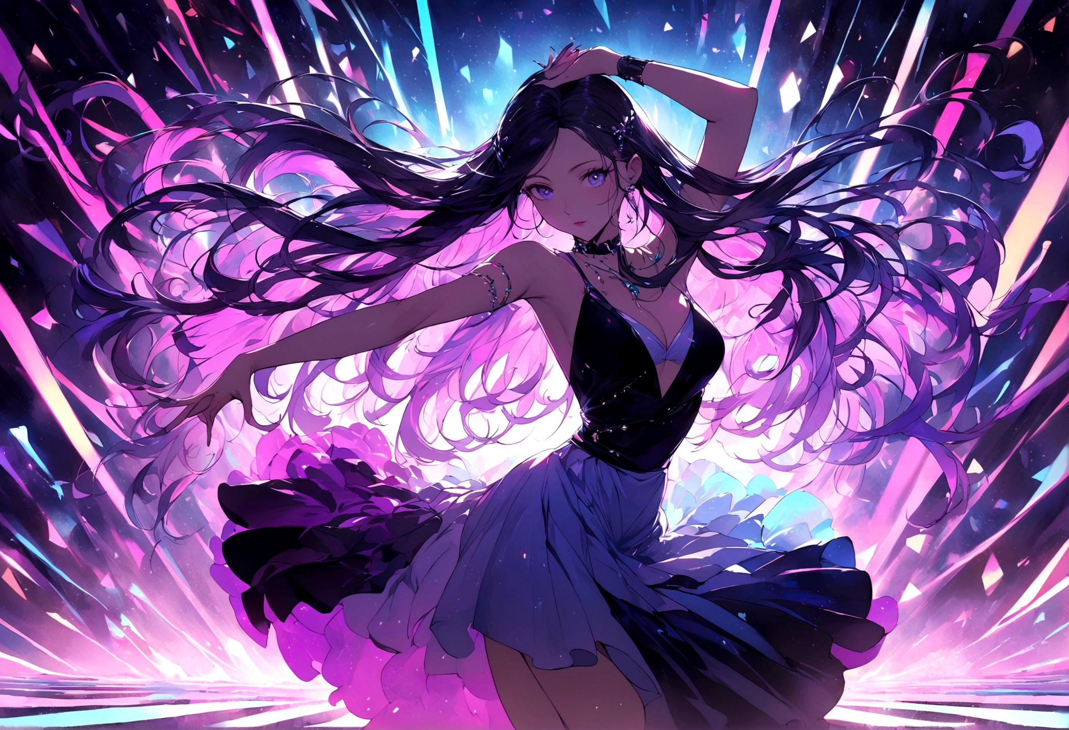 In a world filled with vibrant colors and intricate details, a graceful 2D anime-style woman moves elegantly in her modern room to the hypnotic beats of electronic dance music. She exudes a sense of beauty and grace, her modern outfit accentuating her fluid movements. This stunning image captures the essence of both contemporary fashion and dance, depicted in a high-quality digital painting that immerses viewers in the enchanting atmosphere of the scene. Every detail, from the flowing lines of her hair to the dynamic poses she strikes, is meticulously rendered with precision and skill.