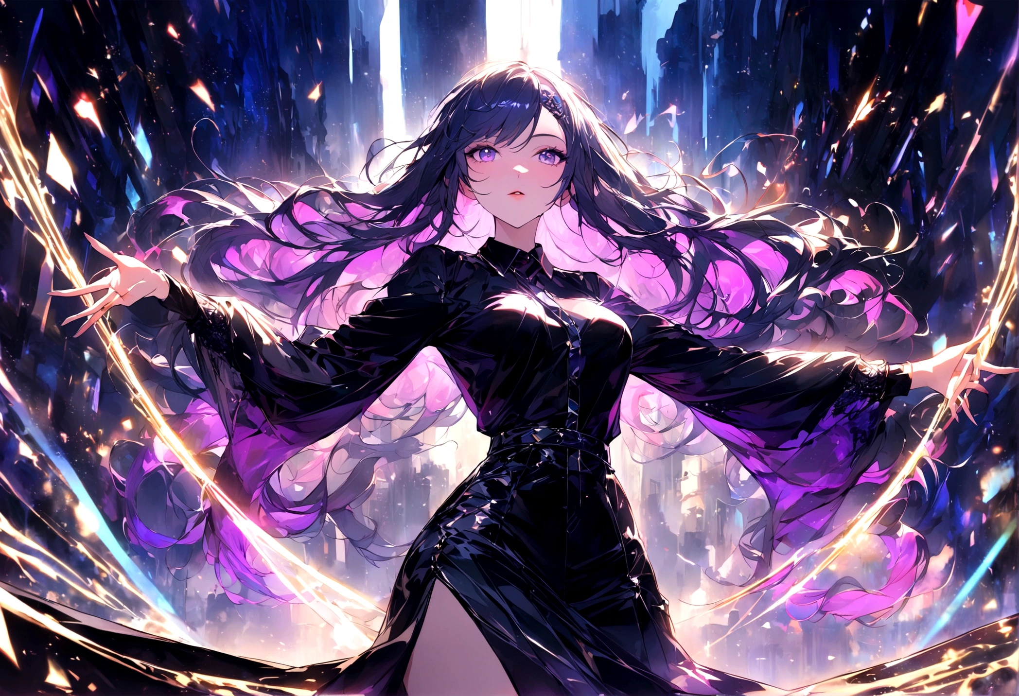 In a world filled with vibrant colors and intricate details, a graceful 2D anime-style woman moves elegantly in her modern room to the hypnotic beats of electronic dance music. She exudes a sense of beauty and grace, her modern outfit accentuating her fluid movements. This stunning image captures the essence of both contemporary fashion and dance, depicted in a high-quality digital painting that immerses viewers in the enchanting atmosphere of the scene. Every detail, from the flowing lines of her hair to the dynamic poses she strikes, is meticulously rendered with precision and skill.