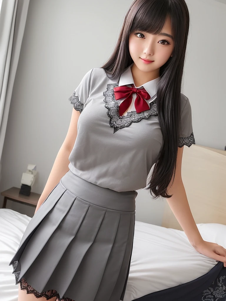 A beautiful highschool student, 17 years old, /(in her room, lying on the bed, simple walls, yawning, staring at the ceiling while stretching his arms,), /(shapely legs, perfect hips, beautiful and perfect eyes, white skin, detailed and perfect tapered hands, perfect and detailed fingers, triangular face, thin nose, hourglass shaped body, Big chest, sexy,), /(school uniform, grey v-neck blouse with lace and neckline, black short skirt with pleats and butterfly patterns, grey knee-high stockings with diamond patterns, red bow,)