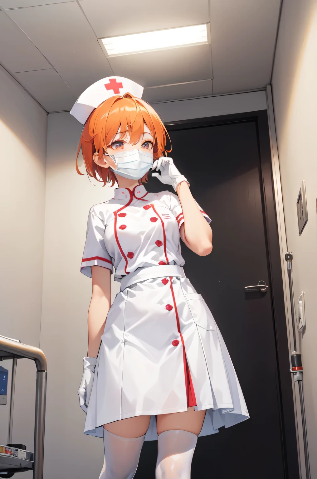 1girl, solo, nurse, nurse cap, white nurse uniform, ((white legwear, zettai ryouiki)), white gloves, very short hair, orange hair, ((white surgical mask, covered nose)), standing, ((hospital room)), sharp outline, short sleeves, tomboy, boyish, best quality, masterpiece
