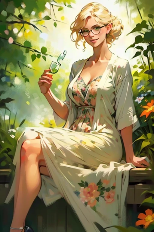 (sitting:1.3),(realistic illustration). cute 27 yo blonde Caucasian woman with green eyes. Sexy (chubby:0.7) figure, natural breasts, beautiful ass. ((charming smile)). Eyeglasses, cardigan, floral print sundress, high heels, Masterpiece, (highly detailed:1.2),(detailed face and eyes:1.2), 8k wallpaper, Moody lighting. core shadows, high contrast, bokeh.