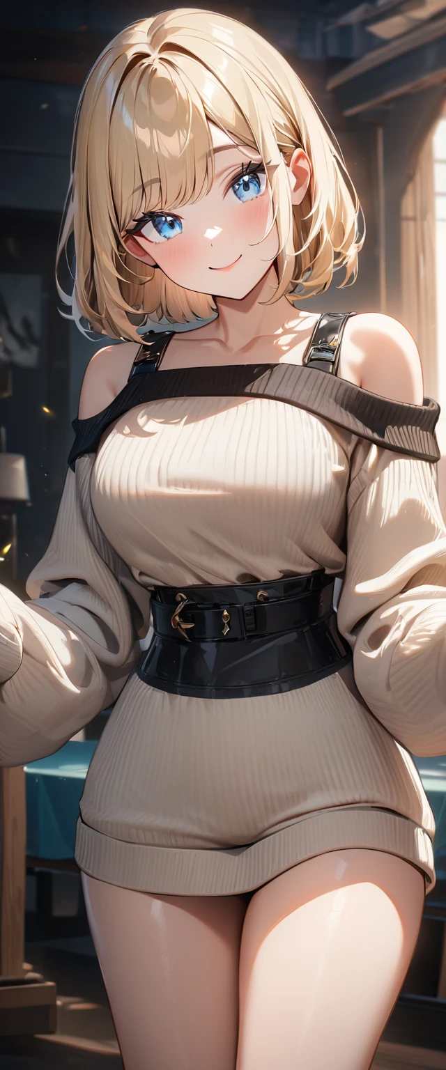 (((One girl))), ((beach)), noon, blond hair, bob cut, breasts, from front, (cowboy shot), standard body, (looking at viewer), ((black off-shoulder sweater, Quite thick shoulder straps, sleeves past wrists)), teenager, head tilt:1.3, (((blue eye))), ((happy smile)), anime style, (best quality, 4k, 8k, highres, masterpiece:1.2, ultra-detailed, ultra-detailed eyes, HDR, UHD, studio lighting, ultra-fine painting, sharp focus, physically-based rendering, extreme detail description, professional, vivid colors, bokeh), ((Highest quality, Best image quality, Ultra-high resolution, Ultra-high resolution, solo, Strong eye highlights)), Depth of written boundary, Natural soft light, attractive, Beautiful Face, Cleanliness, Pure Face, nedium chest, Beautiful Face, Perfect Fingers, Perfect hands, Perfect body, Perfect Face, Shine a light into your eyes, Perfect Anatomy