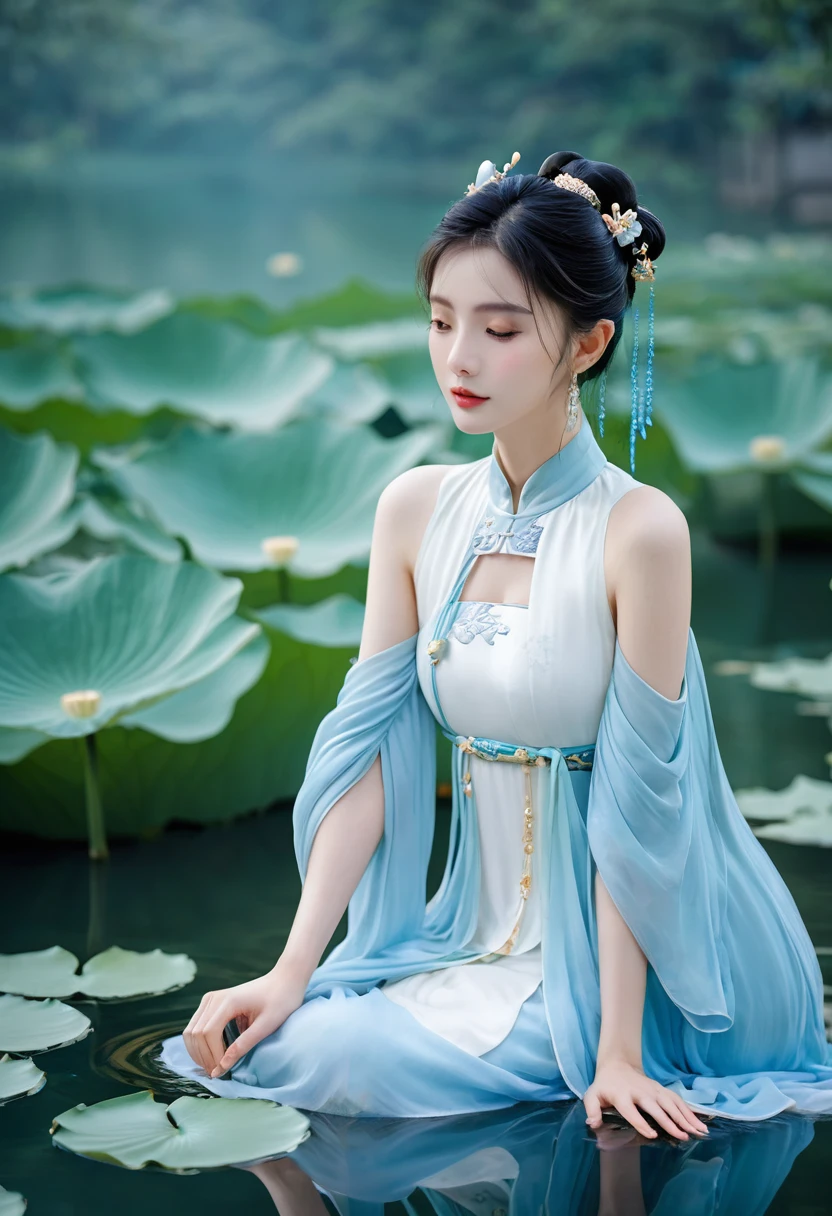 There is a blue skirt, 16 Long Legs, A woman sitting on a rock in the water, Standing gracefully on the lotus, Ethereal Beauty, Wearing blue cheongsam, court, Girl wearing Hanfu, Wearing blue cheongsam, Full of fairy atmosphere, In the pond, White Hanfu, A stunning young ethereal figure, floating dress, Light Blue, hair behind ear  