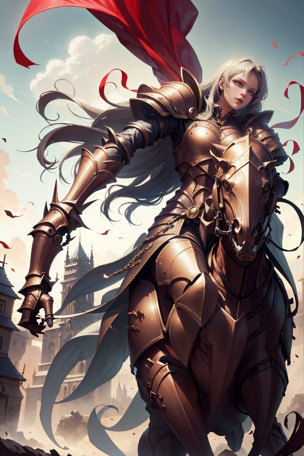sexy swordsman knight woman riding on a horse on the battlefield