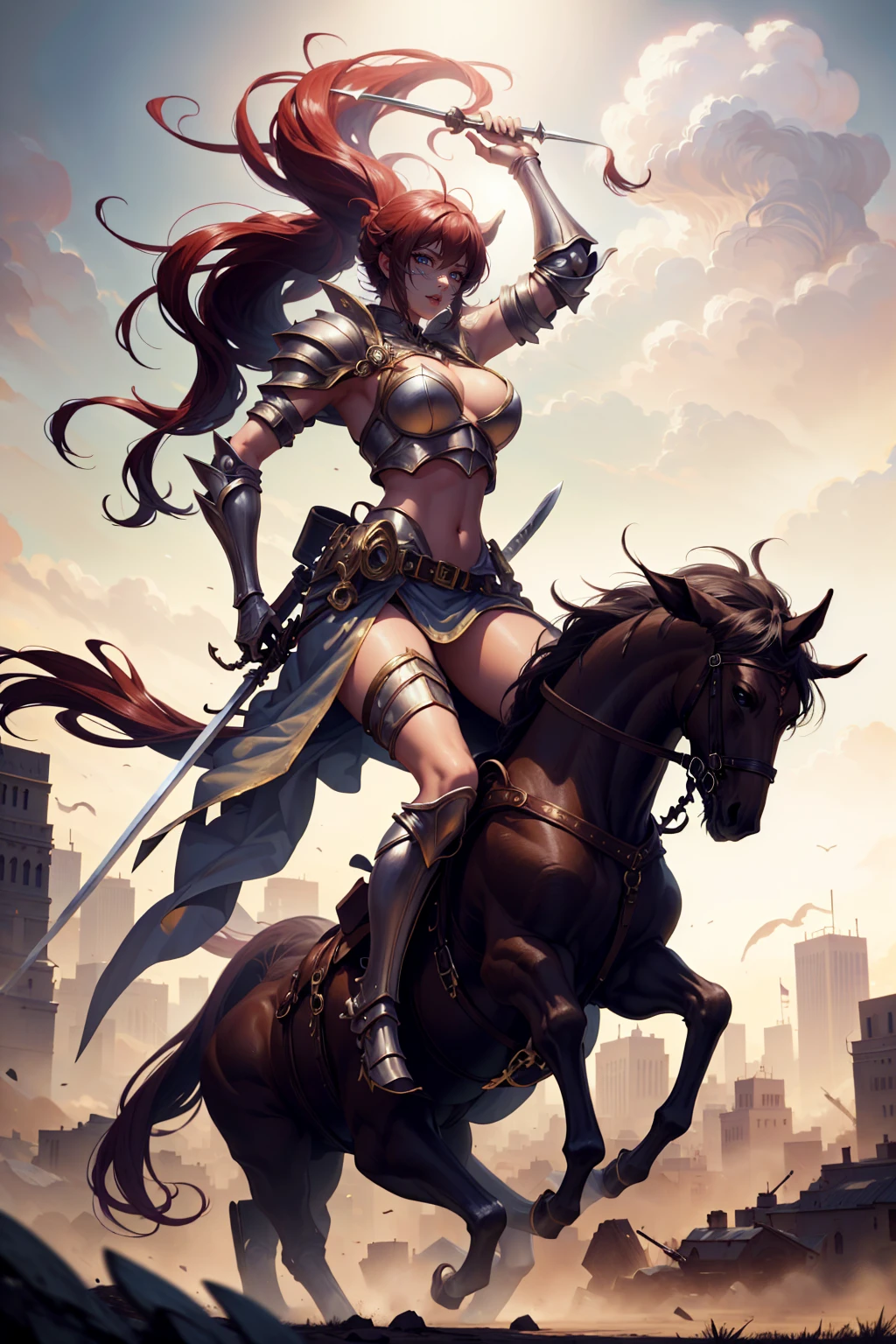 sexy swordsman knight woman riding on a horse on the battlefield