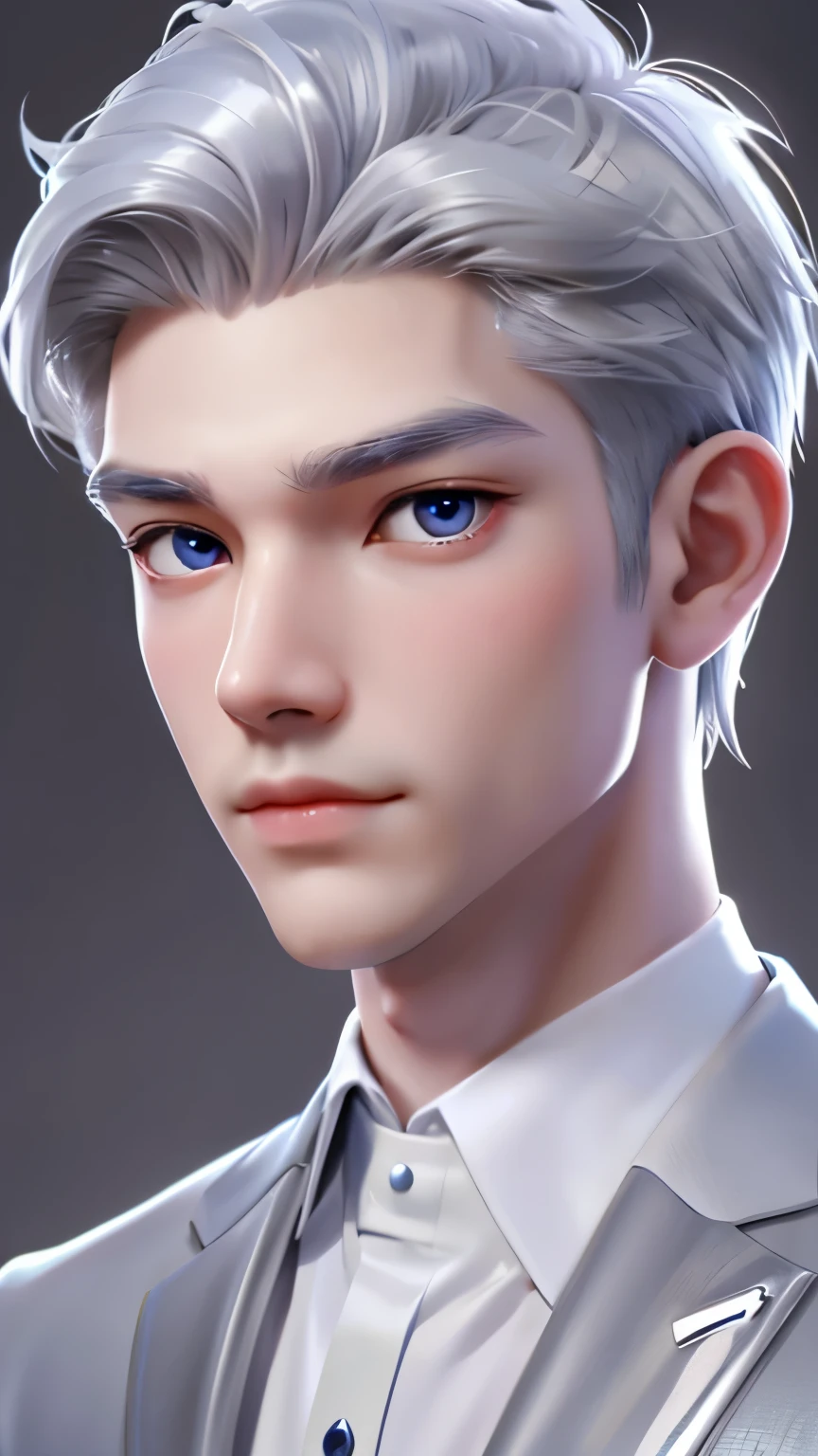 Boy, silver hair, blue eyes, serious sharp features, white skin, shiny lips, handsome, perfect, formal suit