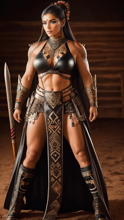 Foto RAW, Thick figure, Heavy physique, ((best quality)), ((masterpiece)), (detailed), perfect face, Envision a savage female barbarian warrior, her Brave dominance in the battlefield as she unleashes her fury upon her foes. Her armor should be adorned with tribal markings and symbols, representing her connection to her ancestral heritage, (pele altamente detalhada: 1.2), 8k UHD, DSLR, soft-lighting, alta qualidade, grain of film, Fujifilm XT3, Clothing long maxi leather skirt with tribal symbols and high heels boots and leather vest with etched tribal patterns, tribal tattoos, Full Body pose