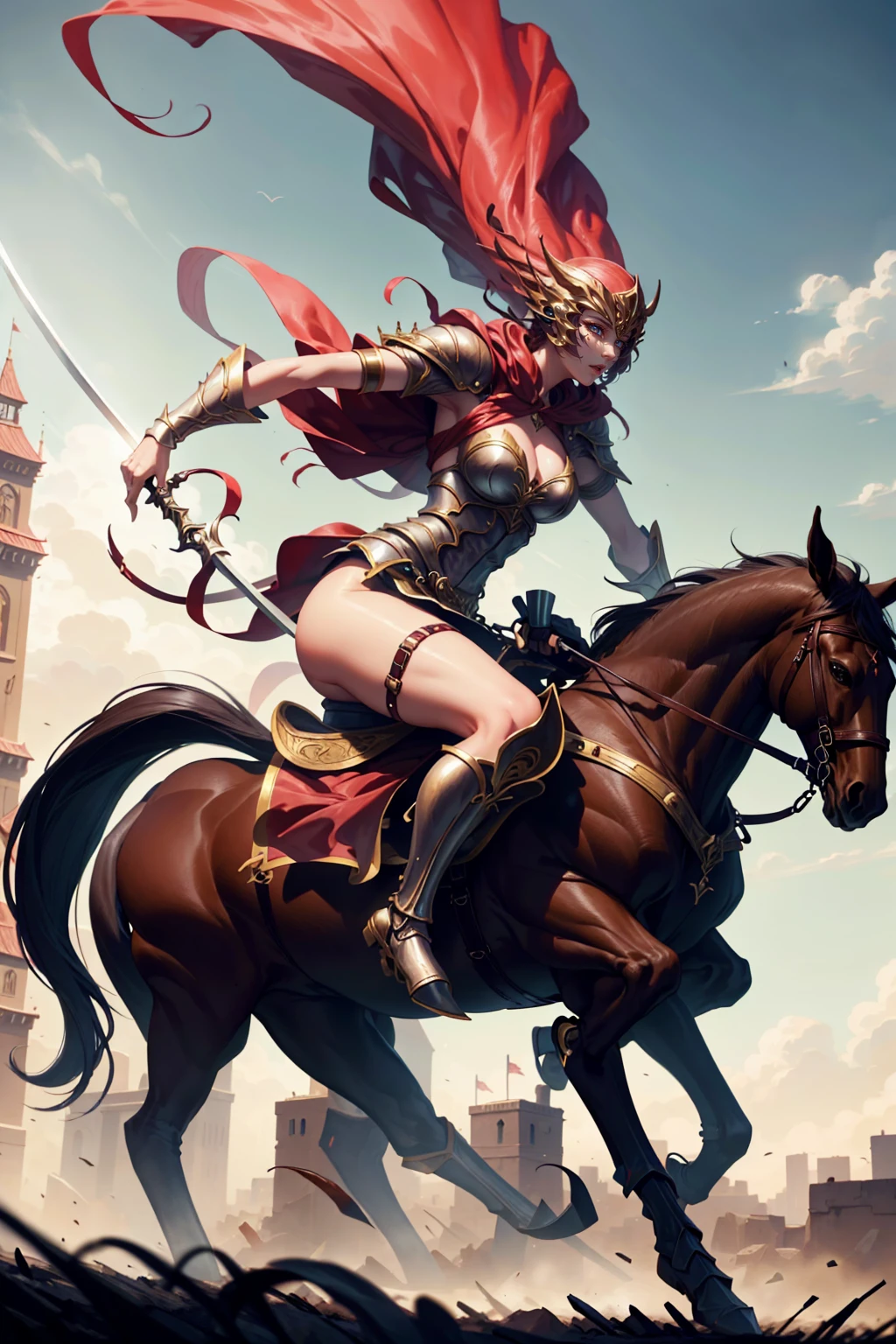 sexy swordsman knight woman riding on a horse on the battlefield