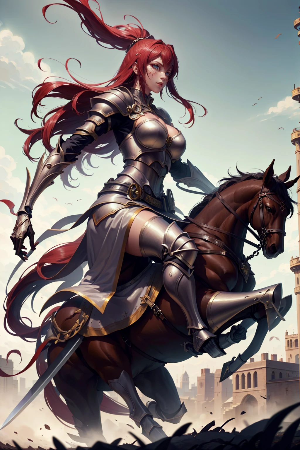 sexy swordsman knight woman riding on a horse on the battlefield