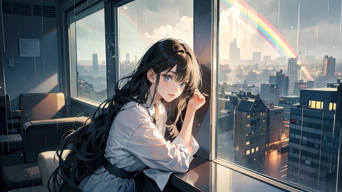 A young girl with long hair, leaning on her hand, gazes out the window at a rain-soaked city below. The scene is serene, with a subtle rainbow hue enveloping the cityscape