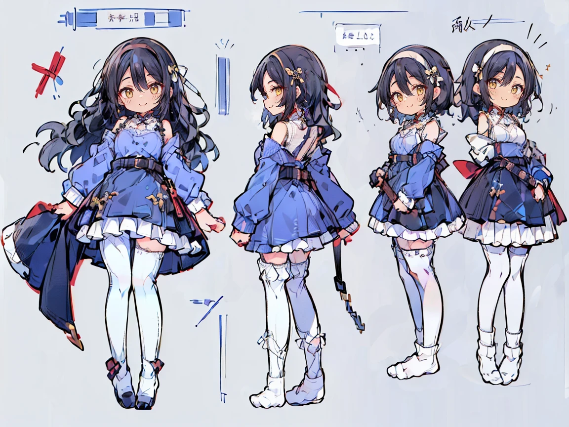 (((三面figure, 正面figure, 側面figure, Back view, Multiple Views, Various poses and expressions, Many parts)), Concept Art, character Concept Art, Character Sheet, whole body, figure, (Simple Background, Gray background), One character, 1人のgirl, Fantasy art:1.1), (Fischer:0.7), Rekkyo Sensen, rekkyou sensen, girl((Black Hair, bangs, (One side up, Long Wavy Hair, ribbon:1.55), Perfect hands, Perfect Fingers, (Exposed breasts, Cleavage, Chest close-up:1.2), dress((suspenders, dress, belt, Nuns:1.15), (Blue clothes, Frilled shirt, White knit sweater, Long sleeve, frills dress, Frilled Skirt, wind blowing dress, Long sleeve, (White legwear:1.55), Knee socks, single Knee socks, Single Leg Wear, Black footwear, Strap shoes:1.42))