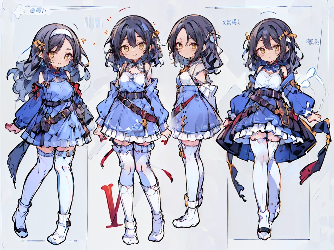 (((三面figure, 正面figure, 側面figure, Back view, Multiple Views, Various poses and expressions, Many parts)), Concept Art, character Concept Art, Character Sheet, whole body, figure, (Simple Background, Gray background), One character, 1人のgirl, Fantasy art:1.1), (Fischer:0.7), Rekkyo Sensen, rekkyou sensen, girl((Black Hair, bangs, (One side up, Long Wavy Hair, ribbon:1.55), Perfect hands, Perfect Fingers, (Exposed breasts, Cleavage, Chest close-up:1.2), dress((suspenders, dress, belt, Nuns:1.15), (Blue clothes, Frilled shirt, White knit sweater, Long sleeve, frills dress, Frilled Skirt, wind blowing dress, Long sleeve, (White legwear:1.55), Knee socks, single Knee socks, Single Leg Wear, Black footwear, Strap shoes:1.42))