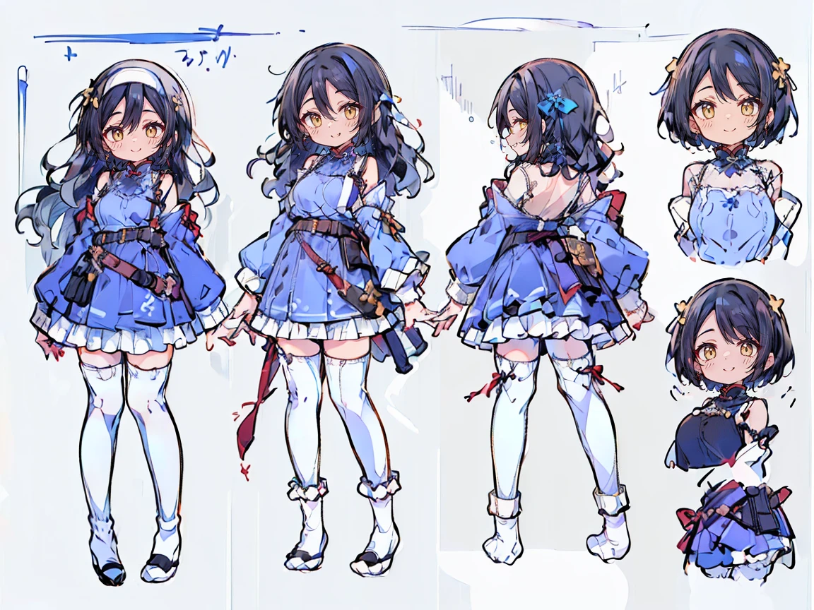 (((三面figure, 正面figure, 側面figure, Back view, Multiple Views, Various poses and expressions, Many parts)), Concept Art, character Concept Art, Character Sheet, whole body, figure, (Simple Background, Gray background), One character, 1人のgirl, Fantasy art:1.1), (Fischer:0.7), Rekkyo Sensen, rekkyou sensen, girl((Black Hair, bangs, (One side up, Long Wavy Hair, ribbon:1.55), Perfect hands, Perfect Fingers, (Exposed breasts, Cleavage, Chest close-up:1.2), dress((suspenders, dress, belt, Nuns:1.15), (Blue clothes, Frilled shirt, White knit sweater, Long sleeve, frills dress, Frilled Skirt, wind blowing dress, Long sleeve, (White legwear:1.55), Knee socks, single Knee socks, Single Leg Wear, Black footwear, Strap shoes:1.42))