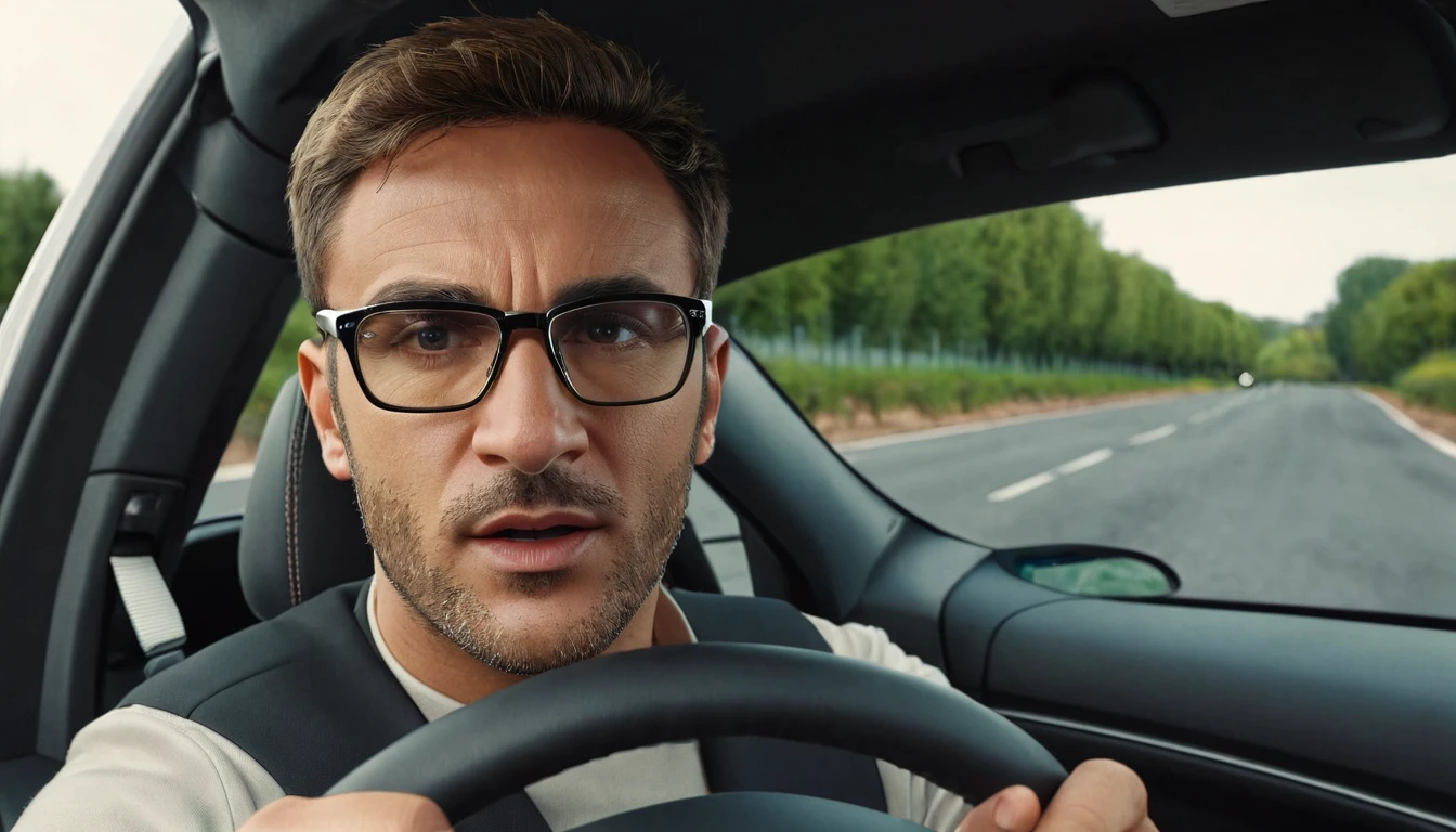 score_9, score_8_up, score_7_up, source_photo, photography, photorealistic, detailed, rating safe, front view, close up, renault megane, driver is wearing glasses, looking at viewer, masterpiece, best quality, 8k,
