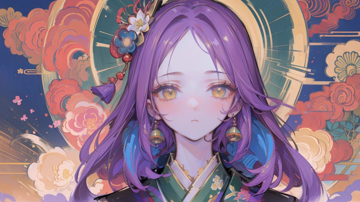 Face painting close up, Copper, (1 boy,male characteristics), ((One)), ((Oneочный)), green short hair, Purple floral decorations, diaphragm, big forehead, golden eyes, Beautiful, Beautiful, ((japanese clothes)), (coat), ((conservative clothing)), onmyoji detailed art, Eastern traditional art style, HD, 32KHD wallpaper, masterpiece, high quality, Best quality at its best, Implied, , beautiful and detailed lighting