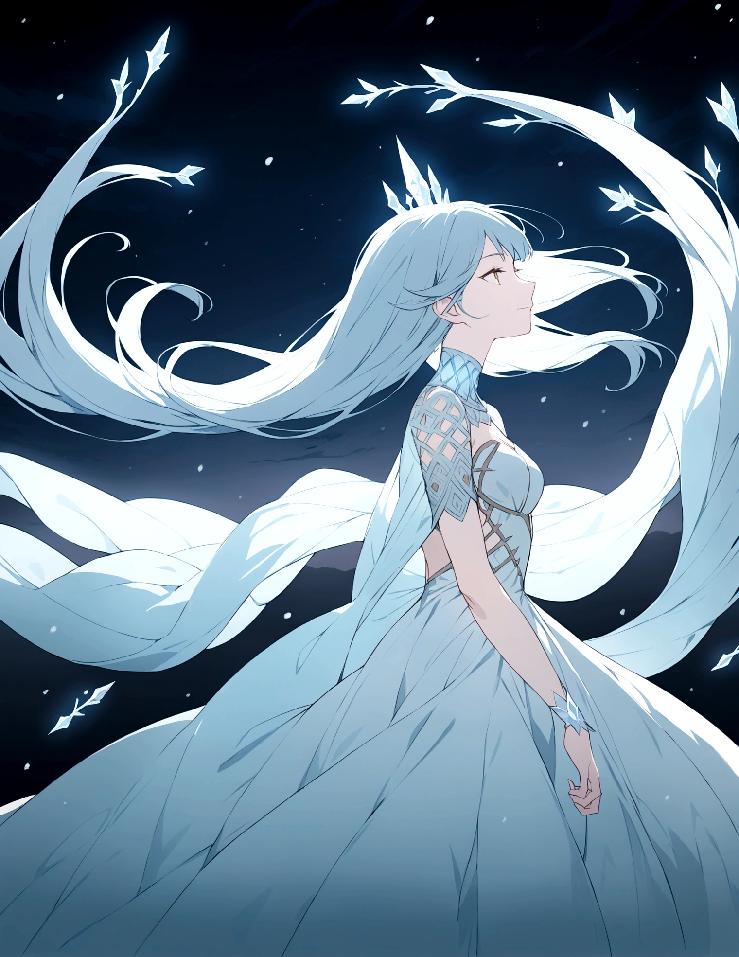 Profile of the sorceress known as the "Frost Witch." She dramatically manipulates the magic of frost, cinematic lighting, soft smile, floating hair, profile, dress, silk, dark sky, frost, ice, cold, winter,