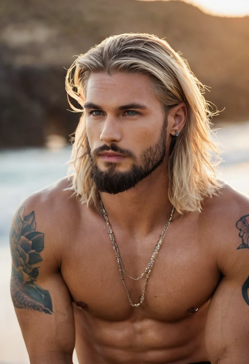 Man with long hair and tattoos on the chest, detailed sharp tattoo, attractive man, muscular man with light tanned skin, shoulder hair - blond length, handsome young man, handsome man, strong men's strong parties, beautiful male face, beautiful attractive face, beaed Face, long beard, blonde and attractive features, perfect beautiful face, long blond hair and blue eyes, her hair is messy and wild, male model, square jaw, attractive man, detailed face, realistic image, he is sitting in Frene to one swimming beach