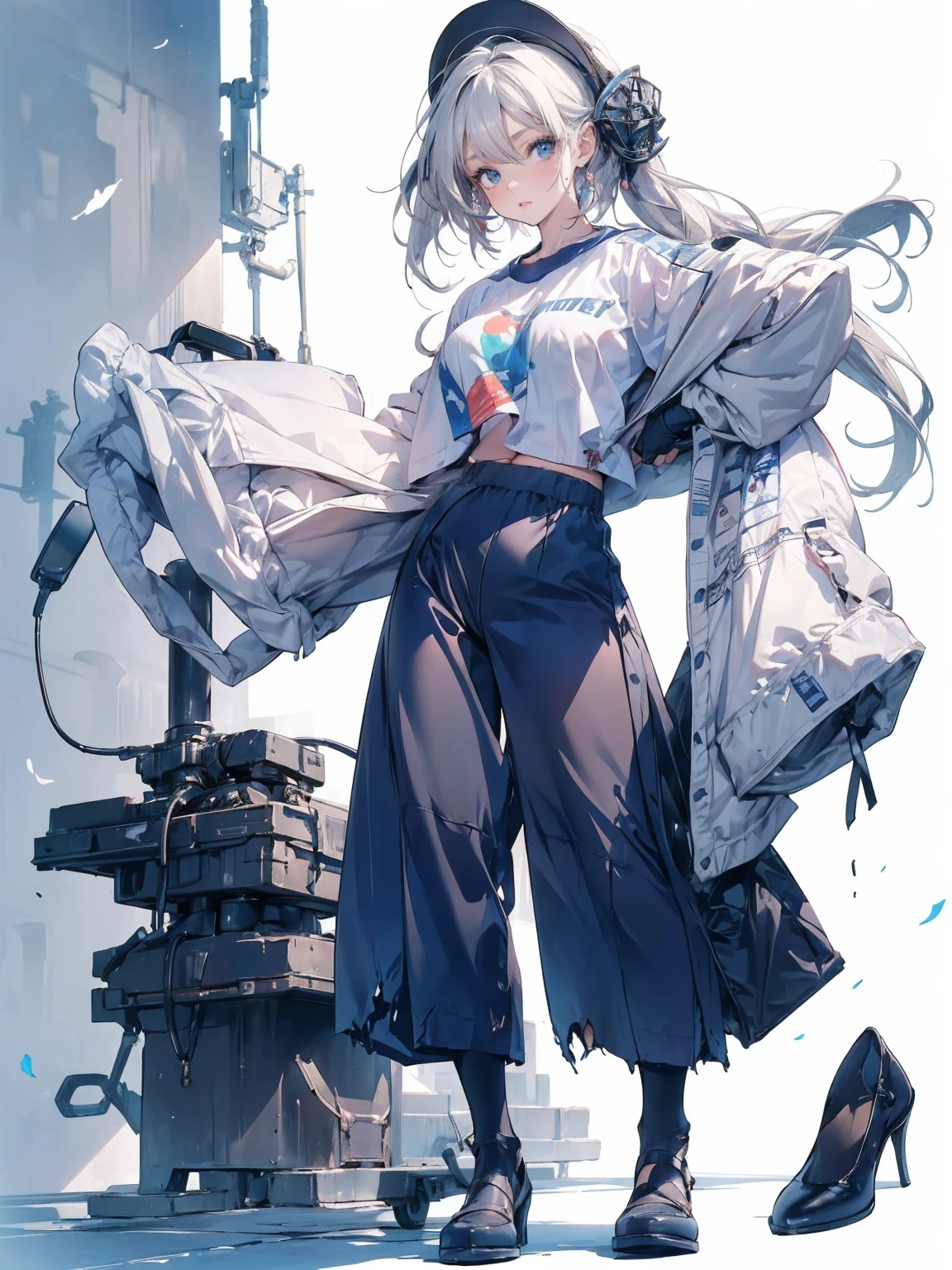 , (White Hair Girl), (Thick, dark blue eyebrows:1.4), (Dark blue eyebrows:1.7), (Thick eyebrows:1.3), (Huge black fluffy animal ears:1.1), (Black animal ears:1.1), BREAK, (((Mesh Stitching Crop T-Shirt, Cutout Long Sleeve Top))),BREAK, (Big Breasts:1.2, Thick legs, Adult female body, Sturdy body:1.5, Japanese style costume:1.5, Beautifully colored kimono:1.5,), ((Action pose:1.4 )), (sharp eyes, Ultra-high definition CG, Precisely designed costumes, 4K, 8K, Ultra-high definition CG, Precisely designed costumes, Clear lines, Expressive and Captivating Eyes, Fine Details and Realistic Textures, cinematic lighting), ((white background)), BREAK, (Wearing black leggings with holes), Skinny sleeves, (Torn and holey leggings:1.2)(Black leggings:1.4), (過剰なRuggedThick soleブーツを履いています:1.2), (Thick sole:1.5), (Big shoes:1.3),
