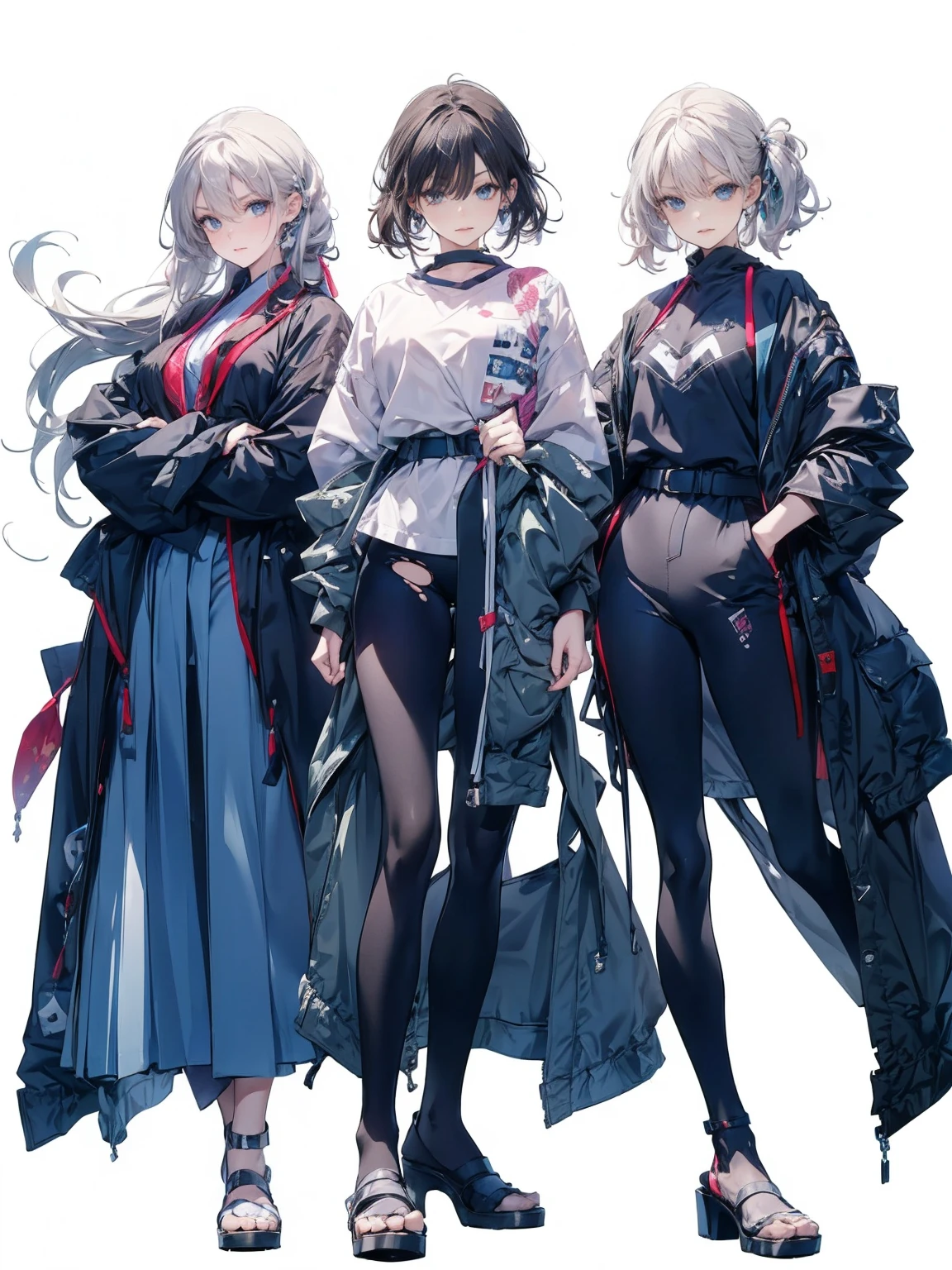 , (White Hair Girl), (Thick, dark blue eyebrows:1.4), (Dark blue eyebrows:1.7), (Thick eyebrows:1.3), (Huge black fluffy animal ears:1.1), (Black animal ears:1.1), BREAK, (((Mesh Stitching Crop T-Shirt, Cutout Long Sleeve Top))),BREAK, (Big Breasts:1.2, Thick legs, Adult female body, Sturdy body:1.5, Japanese style costume:1.5, Beautifully colored kimono:1.5,), ((Action pose:1.4 )), (sharp eyes, Ultra-high definition CG, Precisely designed costumes, 4K, 8K, Ultra-high definition CG, Precisely designed costumes, Clear lines, Expressive and Captivating Eyes, Fine Details and Realistic Textures, cinematic lighting), ((white background)), BREAK, (Wearing black leggings with holes), Skinny sleeves, (Torn and holey leggings:1.2)(Black leggings:1.4), (過剰なRuggedThick soleブーツを履いています:1.2), (Thick sole:1.5), (Big shoes:1.3),
