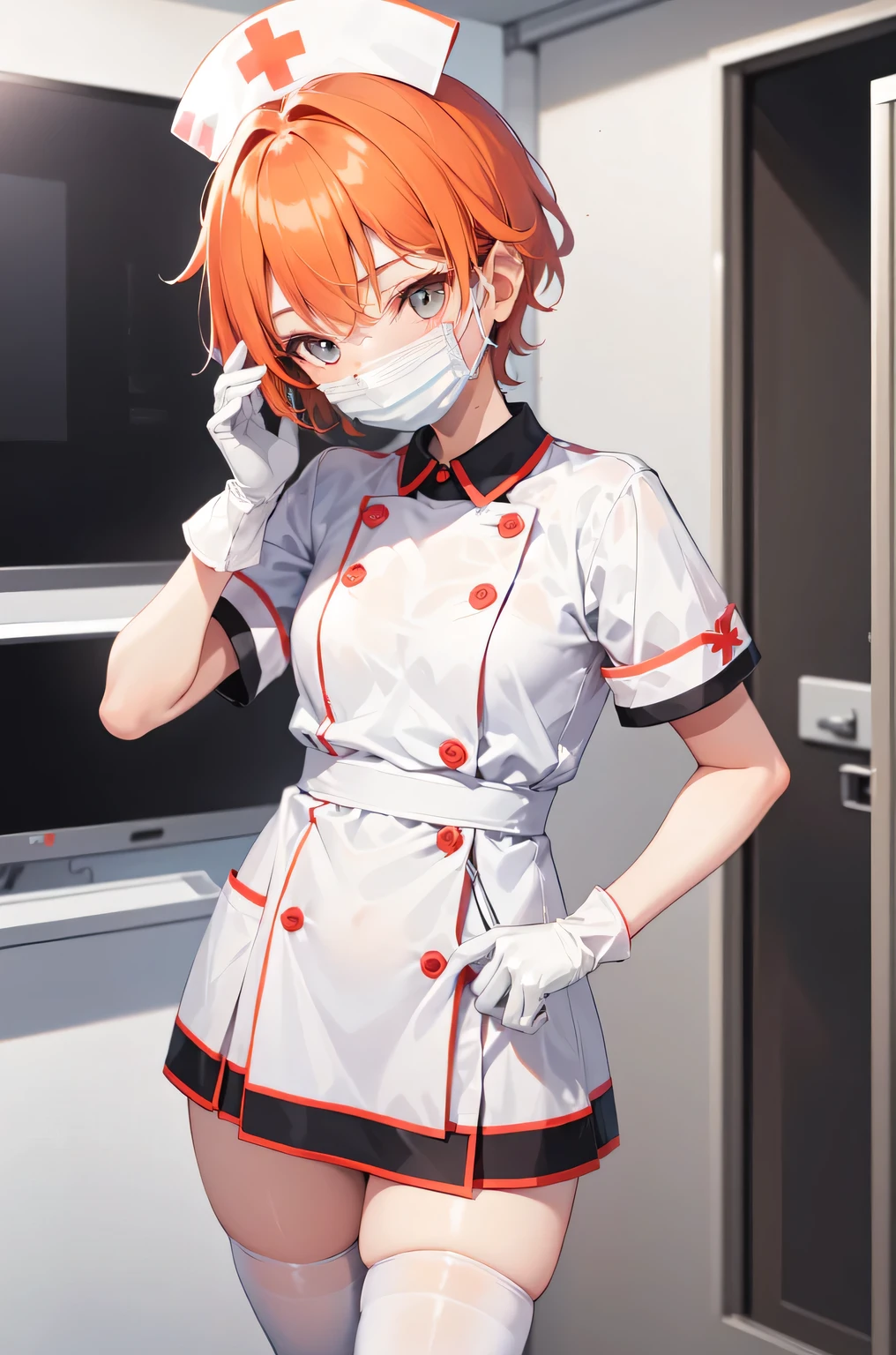 1girl, solo, nurse, nurse cap, white nurse uniform, ((white legwear, zettai ryouiki)), white gloves, very short hair, orange hair, ((white surgical mask, covered nose)), standing, ((hospital room)), sharp outline, short sleeves, tomboy, boyish, best quality, masterpiece