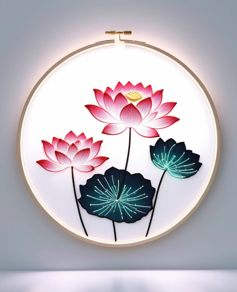 Suzhou embroidery，metal wire，Sparkling Lotus，Overlooking，Neon，Smooth and delicate，High Detail，Minimalist white space，Chen Jialing，8K