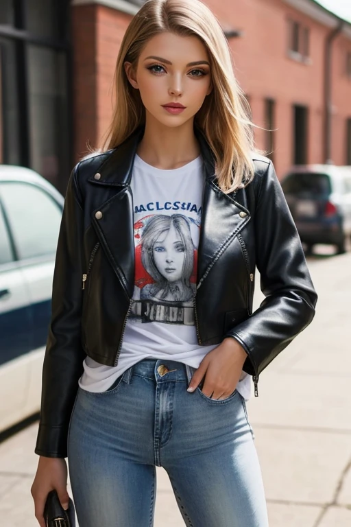 ((best quality)), ((masterpiece)), (detailed), Beautiful russian woman, wearing black leather jacket over white printed t-shirt and blue jeans ,