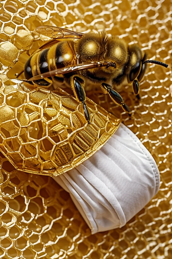 Golden queen bee with honey diaper background 