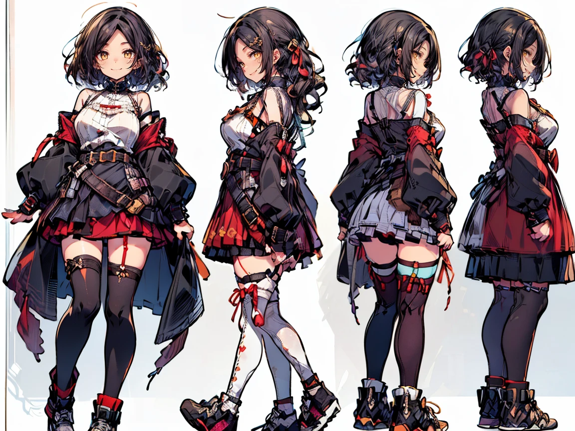 (((three-sided view, front view, side view, back view, multiple views, multiple poses and expressions, many parts)), concept art, character concept art, character sheet, Full body, illustration, (simple background, gray background), 1 character, 1girl, fantasy art:1.1), (hui xiyi:0.7), rekkyo sensen, rekkyou sensen, girls with((black hair, bangs, (one side up, long wavy hair, ribbon:1.55), perfect hands, perfect fingers, (exposed breasts, tits cleavage, breasts close up:1.2), dress((suspenders, dress, belt, nun:1.15), (blue clothes, frills shirt, white knit sweater, long sleeves, frills dress, frills skirt, wind blowing dress, long sleeves, (white legwear:1.55), thighhighs, single thighhighs, single legwear, black footwear, strap shoes:1.42))