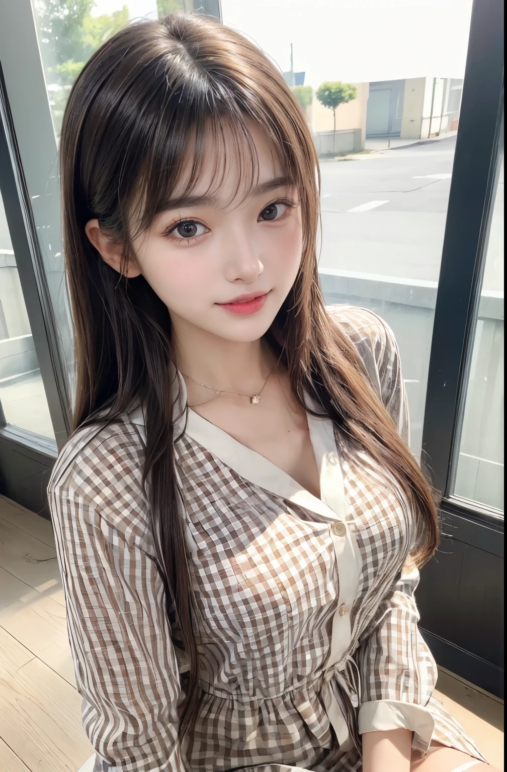 masterpiece, highest quality, High resolution,super detailed, amazingly beautiful woman,1人の girl, (美しいgirl, デリケートなgirl:1.3), (13 years old:1.4), break, (Casual dress with plaid pattern:1.3), break, extremely fine-grained clarity, (symmetrical eyes:1.3), break, (In town:1.3), break, small breasts, brown eyes, brown hair, girl, break, (Eye and face details:1.3),break,(A smile that shows white teeth),Both hands are reaching out for the camera,