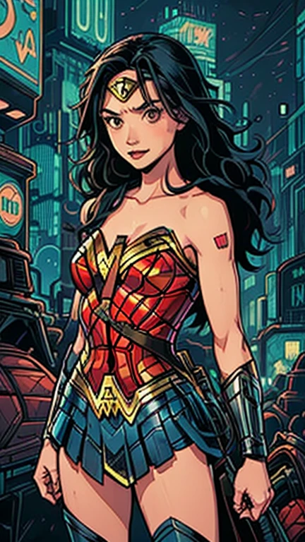 best quality,masterpiece,1girl,solo,(((13years old))),japanese girl,an extremely cute and handsome girl,highly detailed beautiful face and eyes,petit,cute face,lovely face,baby face,shy smile,show teeth, Black hair,Long hair,flat chest,skinny,slender,(((wearing a Wonder Woman costume))),(((standing in Dark Midnight Neon Glow light Cyberpunk Gotham City))),he is looking at the viewer,
