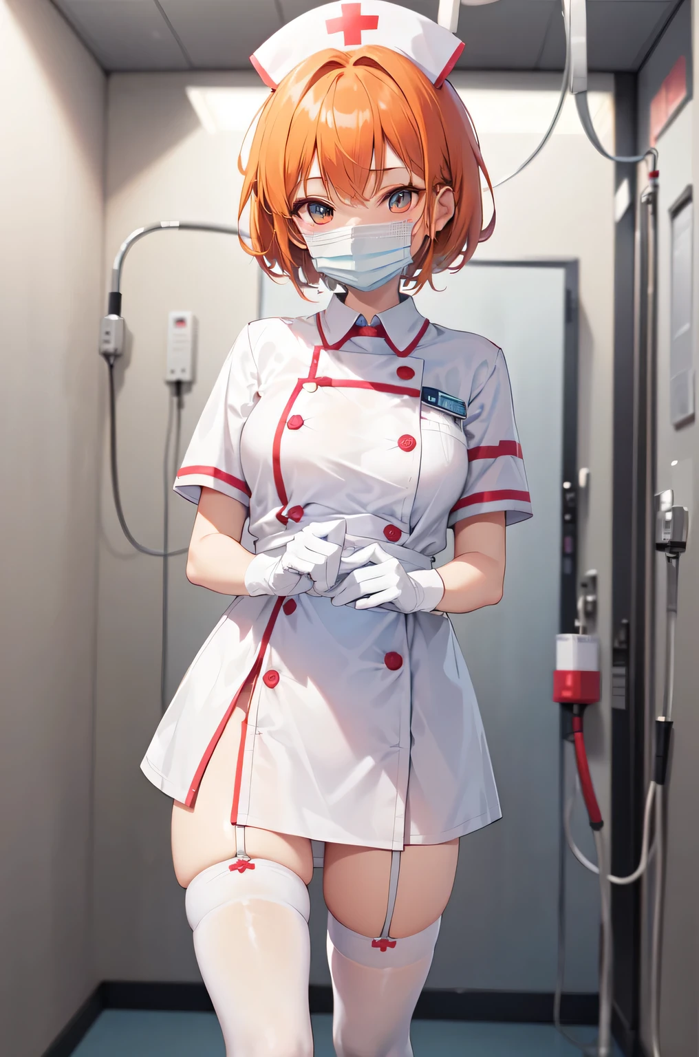 1girl, solo, nurse, nurse cap, white nurse uniform, ((white legwear, zettai ryouiki)), white gloves, very short hair, orange hair, ((white surgical mask, covered nose)), standing, ((hospital room)), sharp outline, short sleeves, tomboy, boyish, best quality, masterpiece