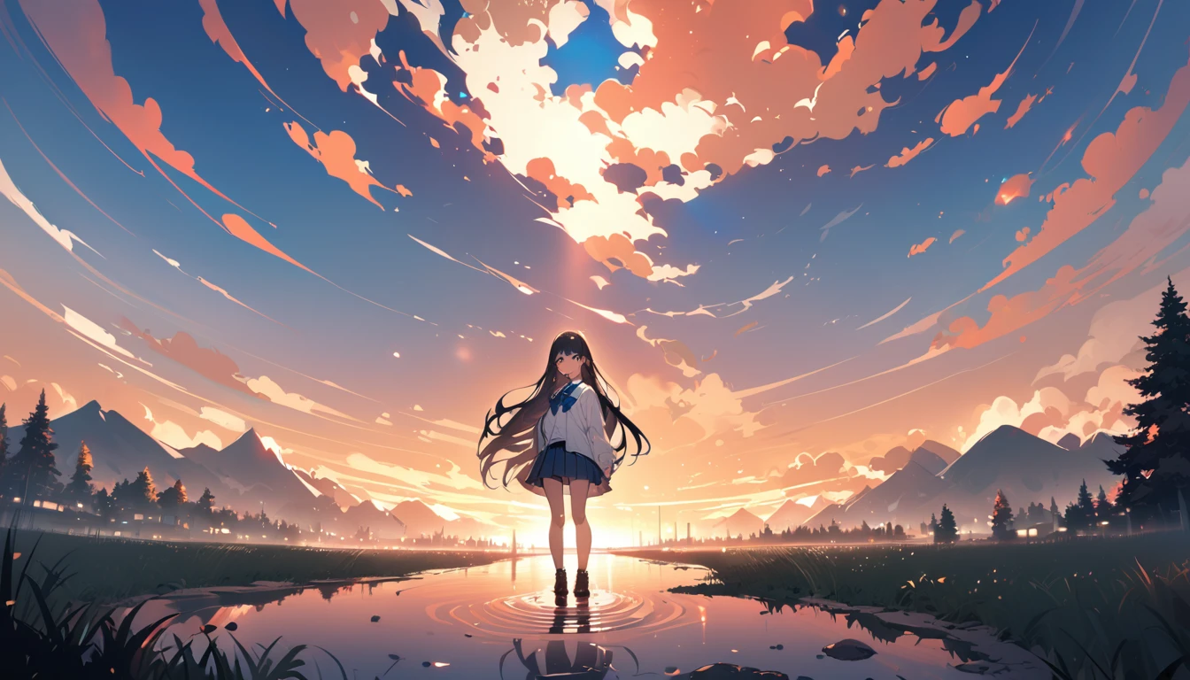 BREAK 1 girl, long hair, black hair, straight hair, short bangs above brows, blue eyes, expressionness, open mouth, standing,    
BREAK (masterpiece), (high resolution 8K), cinematic lighting, professional lighting, detailed eyes and face, detailed body, 
BREAK white shirt, blue bowtie, pleated skirt,  
BREAK very wide, panorama view, sense of depth, 
BREAK cityscape, dusk, gradient sky, horizon, mountainous horizon, orange sky, sunlight, sunrise, sunset, tree, Sunset reflected in a puddle, in the forest, puddle,  after rain,