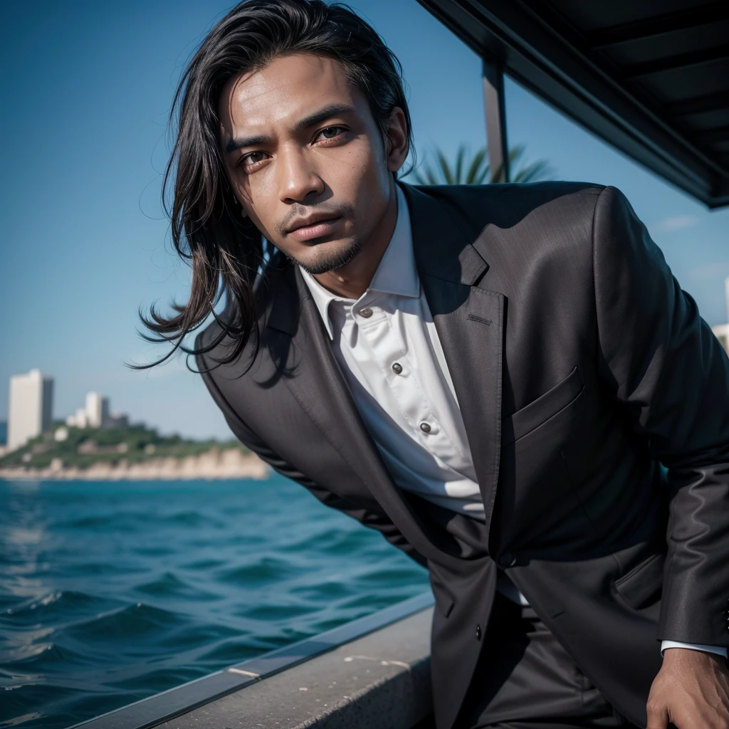 naughty man,dark-skinned,in a suit,with artificial intelligence implants,with sea view