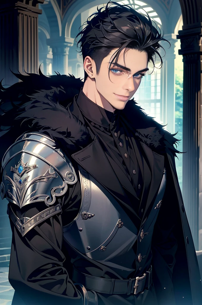 Masterpiece, Highest quality, realistic, 1 person, mature man, A quiet and charming young man, 30 years old, smile, gag, Portrait, Highly detailed face, 寒さとsmile, ((blue eyes)), ((black short hair)), [Thick eyebrows], dark palace, ((black long coat)), ((all black)), (blue eyes) ,Short Black Quiff Hair with Soft Fringe, handsome , muscle, Facial expressions, Black Knight Armor , black fur shawl(Masterpiece,best quality,special, (Broad shoulders)) (muscle), male focus, holding a long sword