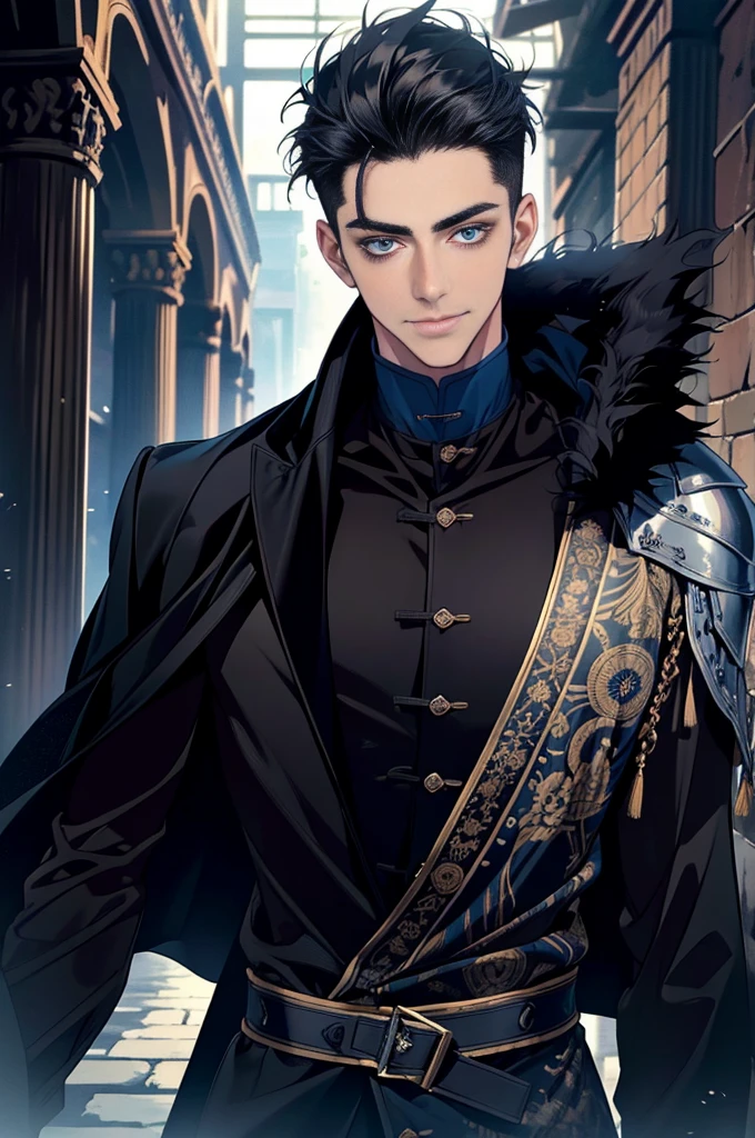 Masterpiece, Highest quality, realistic, 1 person, mature man, A quiet and charming young man, 30 years old, smile, gag, Portrait, Highly detailed face, 寒さとsmile, ((blue eyes)), ((black short hair)), [Thick eyebrows], dark palace, ((black long coat)), ((all black)), (blue eyes) ,Short Black Quiff Hair with Soft Fringe, handsome , muscle, Facial expressions, Black Knight Armor , black fur shawl(Masterpiece,best quality,special, (Broad shoulders)) (muscle), male focus, holding a long sword