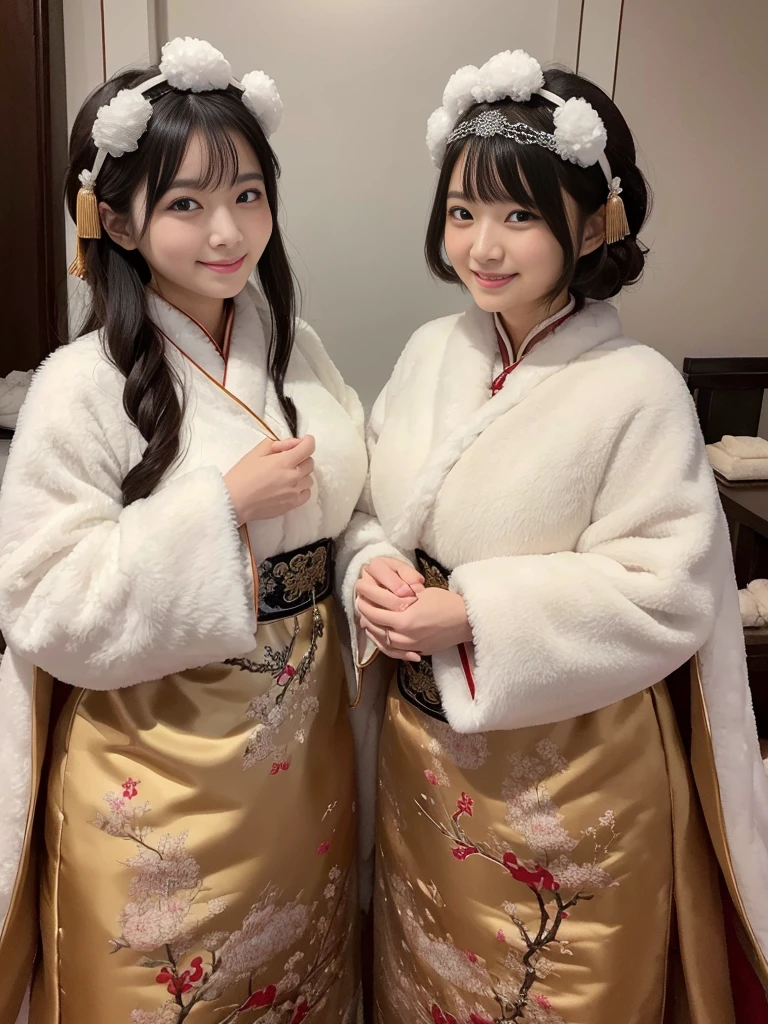fluffyの毛皮。fluffy。((Chinese Antique Dress))(smile)(((Pair of women、snow、Dark Room)))。Wedding dressを着た女性たちの写真。Wedding dress、Brown fur cape。Fisheye Lenultiple women。