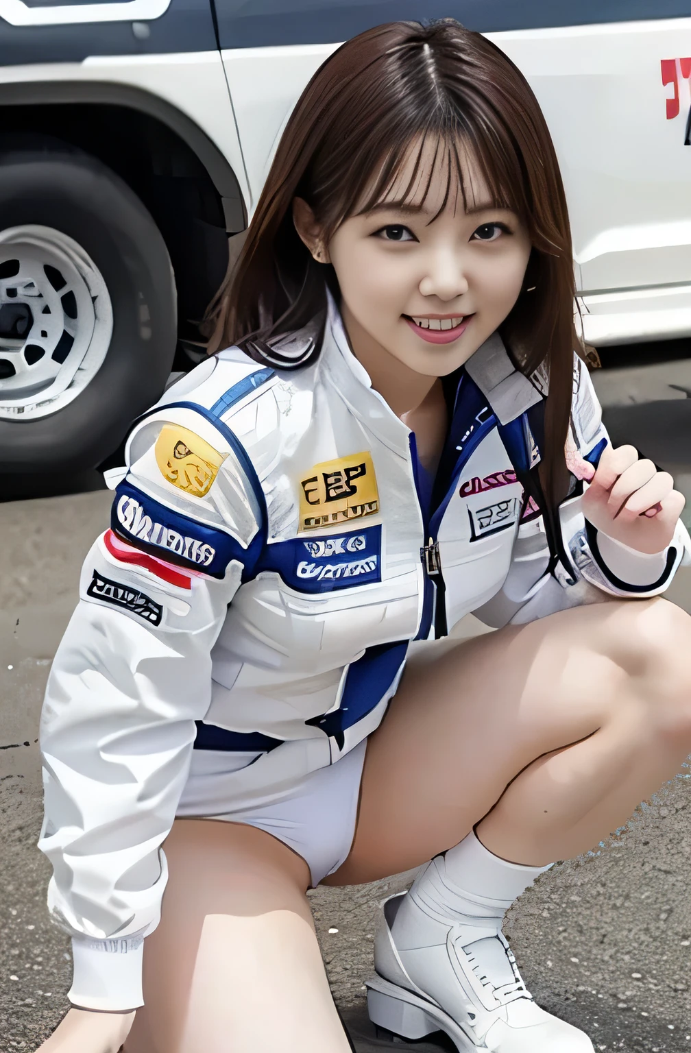 Browsing Caution,Highest quality,Great details,Ultra-high resolution,Japanese Girls, Bob Hair, smile,looking at the camera,Blue and white,Race Queen,Pussy in full view,No underwear,circuit