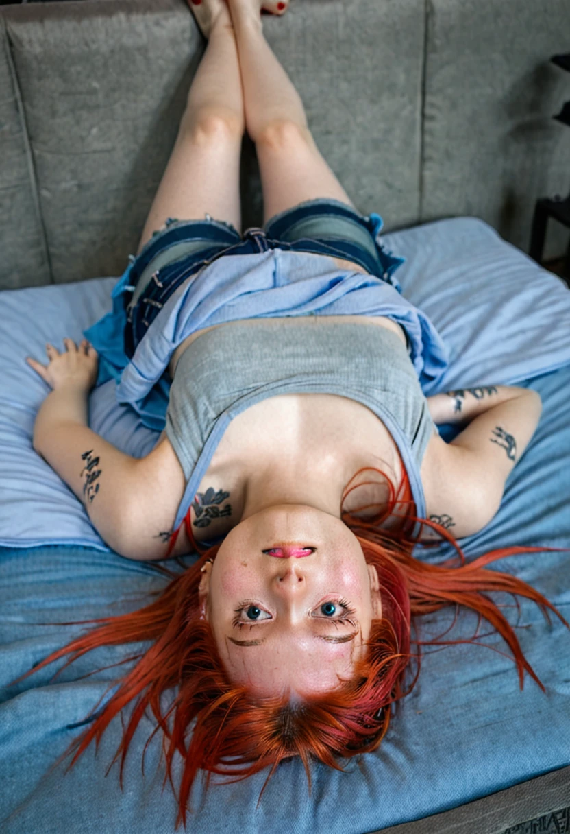 Uhd, photo of Cami, subject: Noriko, 1/2 Japanese 1/2 Hainu skinny girl lying on blue bed with long red hair, blue+++ eyes, oval face, LGBTQIA+, queer, punk style, wearing short blue top and blue jeans shorts, she is below blue blankets)) tattooes.  She is crying and sad, ((holding the blue cushio)).