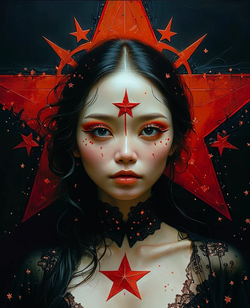 a woman in black with fake scars and star on top, in the style of jay anacleto, light red and red, trick of the eye paintings, meticulous detail, symmetrical, zhang jingna, religious iconography