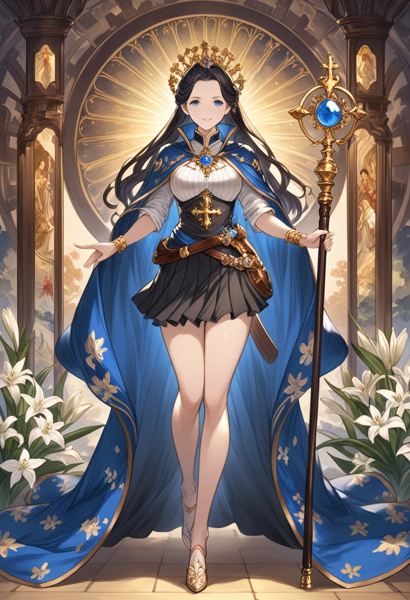Grandblue_Fantasy_style_Xl, Grandblue,(Golden Ratio:1.2),(masterpiece、最high quality、high quality)、((((dramatic)))、(((beautiful))) Black-haired woman、Wavy long hair、Pretty woman、、Hated、Black skirt military uniform、Blue Cape、Holding a stick with both hands、Empress、Staff、Our Lady、Blue Eyes、Are standing、Fantasy、Elegant、A delicately decorated metal walking stick、Dramatic Lighting、Religious paintings、Blue Gem,Delicate screen、Game illustrations、Character illustration、Lily flower pattern、Lily motif、Western style、smile、Slicked back hair、kind